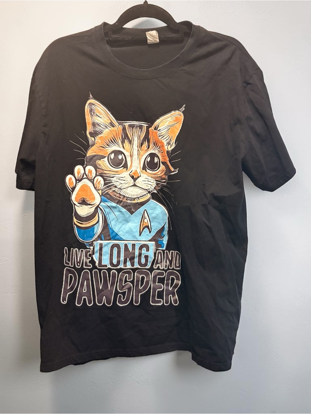 Live Long and Paw-sper Cat Graphic Tee - Black with Blue & Orange Accents